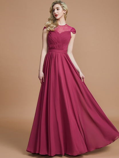 A-Line/Princess Scoop Short Sleeves Chiffon Floor-Length Bridesmaid Dresses