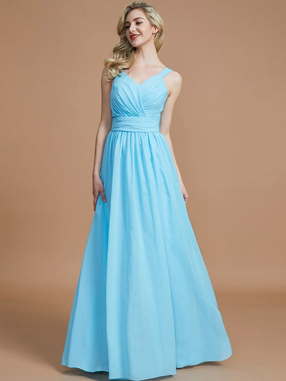 A-Line/Princess V-neck Chiffon Floor-Length Sleeveless Bridesmaid Dresses