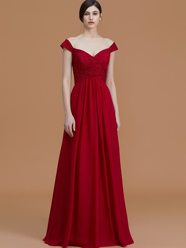 A-Line/Princess V-neck Sleeveless Floor-Length Lace Chiffon Bridesmaid Dresses