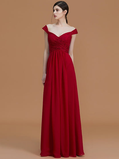 A-Line/Princess V-neck Sleeveless Floor-Length Lace Chiffon Bridesmaid Dresses