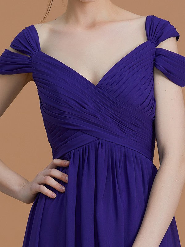 A-Line/Princess Off-the-Shoulder Sleeveless Floor-Length Ruched Chiffon Bridesmaid Dresses