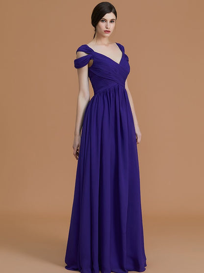 A-Line/Princess Off-the-Shoulder Sleeveless Floor-Length Ruched Chiffon Bridesmaid Dresses