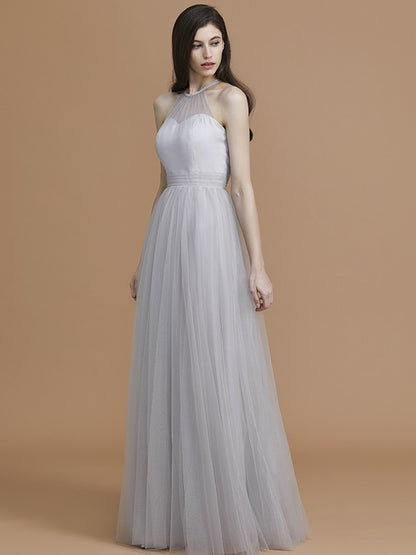 A-Line/Princess Halter Sleeveless Floor-Length Ruffles Tulle Bridesmaid Dresses