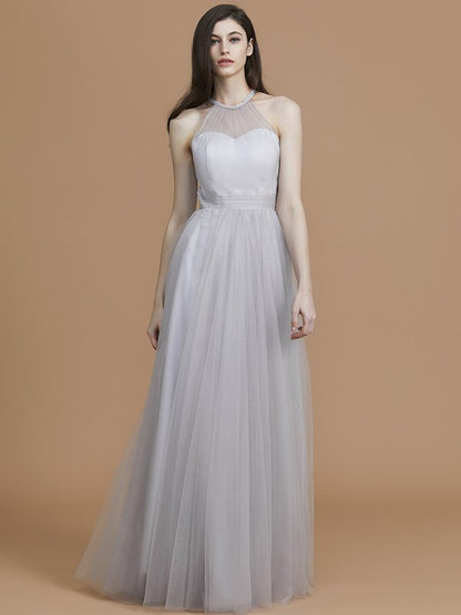 A-Line/Princess Halter Sleeveless Floor-Length Ruffles Tulle Bridesmaid Dresses