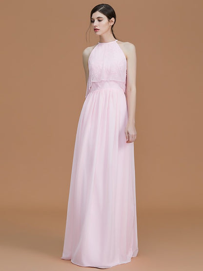 A-Line/Princess Halter Sleeveless Floor-Length Ruffles Chiffon Bridesmaid Dresses