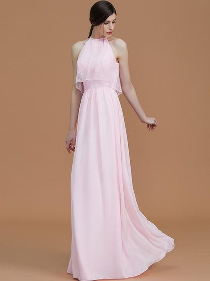 A-Line/Princess Halter Sleeveless Floor-Length Ruffles Chiffon Bridesmaid Dresses