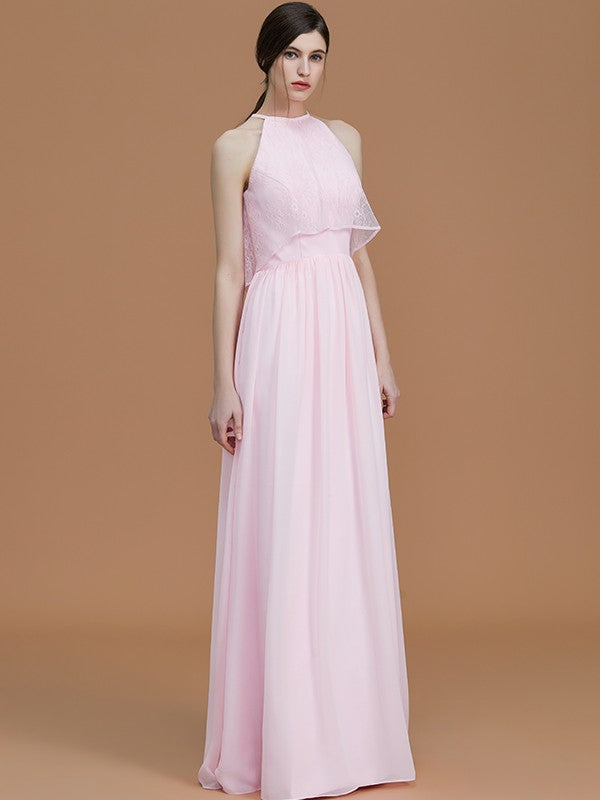 A-Line/Princess Halter Sleeveless Floor-Length Ruffles Chiffon Bridesmaid Dresses