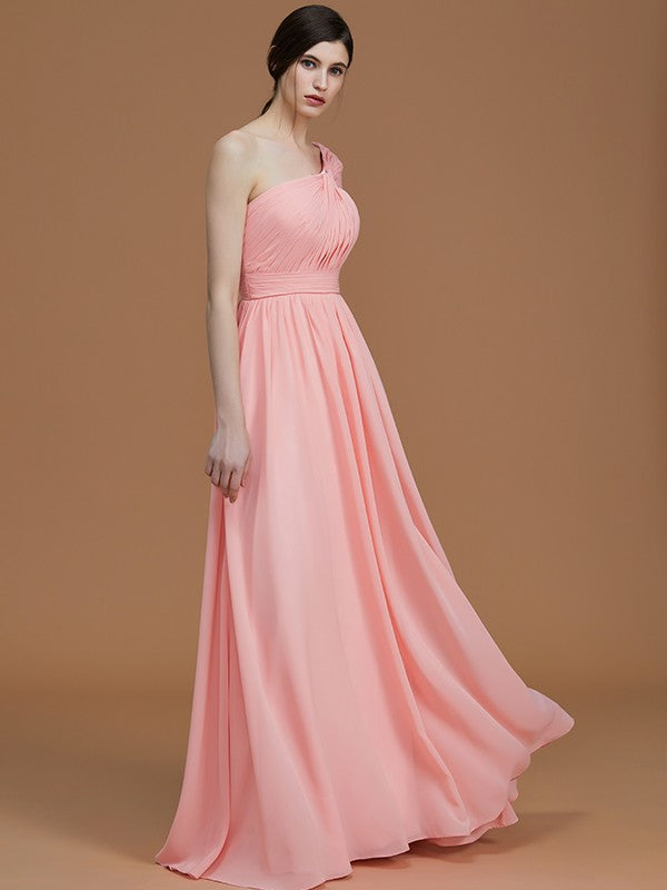 A-Line/Princess One-Shoulder Sleeveless Floor-Length Ruched Chiffon Bridesmaid Dresses