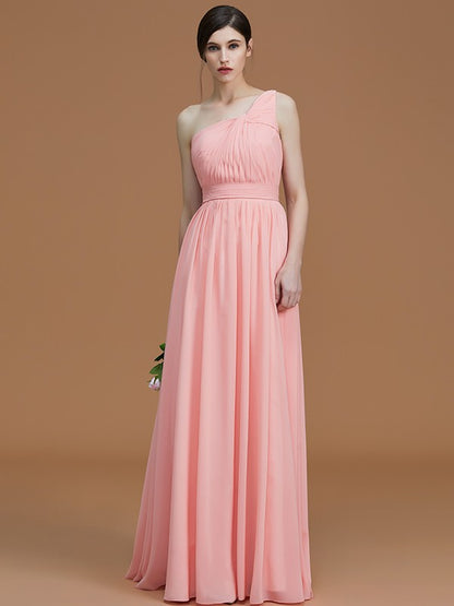 A-Line/Princess One-Shoulder Sleeveless Floor-Length Ruched Chiffon Bridesmaid Dresses