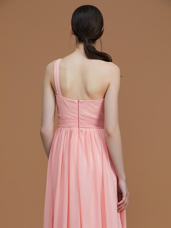 A-Line/Princess One-Shoulder Sleeveless Floor-Length Ruched Chiffon Bridesmaid Dresses