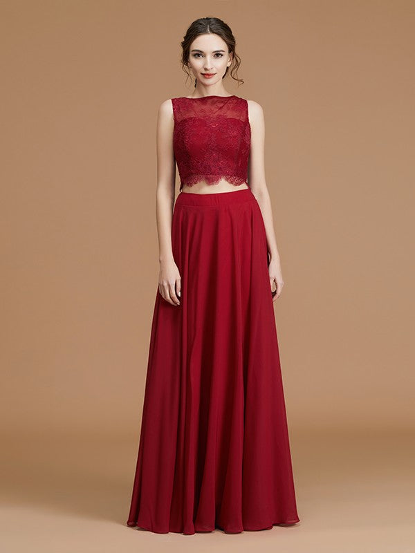 A-Line/Princess Bateau Sleeveless Floor-Length Lace Chiffon Bridesmaid Dresses