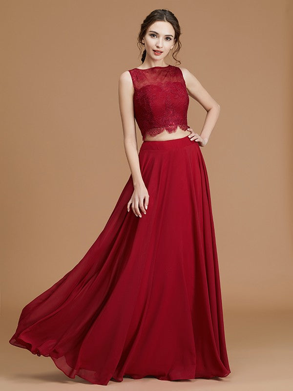 A-Line/Princess Bateau Sleeveless Floor-Length Lace Chiffon Bridesmaid Dresses