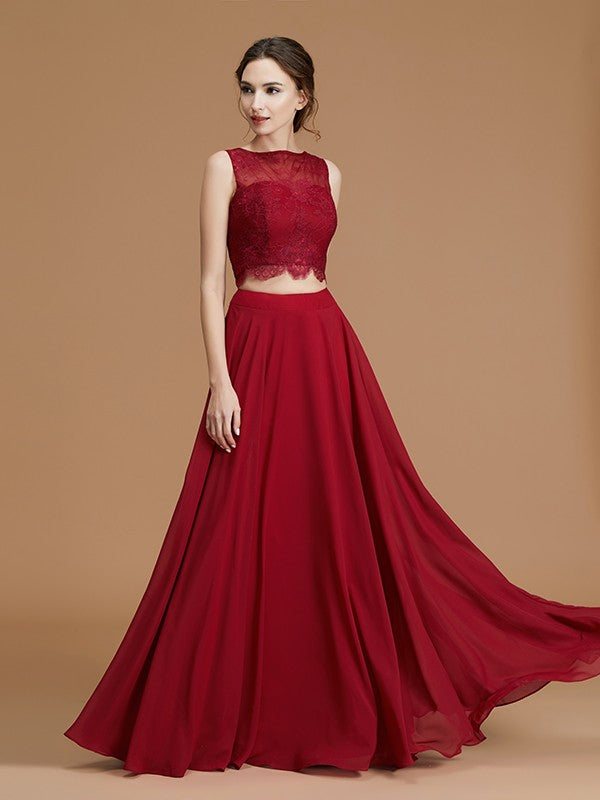 A-Line/Princess Bateau Sleeveless Floor-Length Lace Chiffon Bridesmaid Dresses