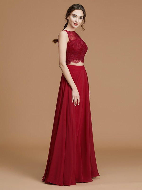 A-Line/Princess Bateau Sleeveless Floor-Length Lace Chiffon Bridesmaid Dresses