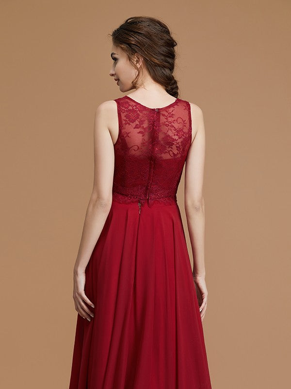 A-Line/Princess Bateau Sleeveless Floor-Length Lace Chiffon Bridesmaid Dresses