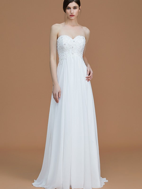 A-Line/Princess Sweetheart Sleeveless Sweep/Brush Train Beading Chiffon Bridesmaid Dresses