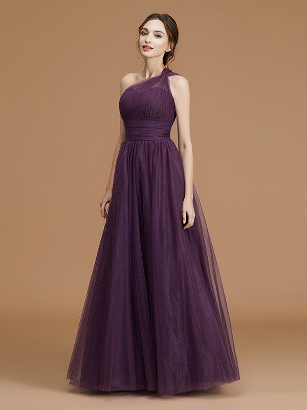 A-Line/Princess One-Shoulder Sleeveless Floor-Length Ruched Tulle Bridesmaid Dresses