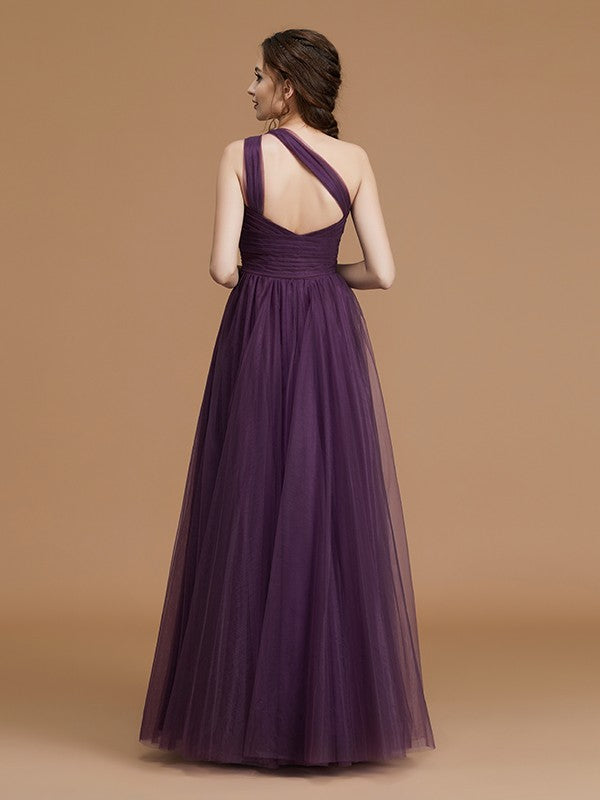 A-Line/Princess One-Shoulder Sleeveless Floor-Length Ruched Tulle Bridesmaid Dresses