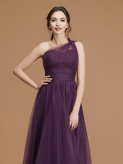 A-Line/Princess One-Shoulder Sleeveless Floor-Length Ruched Tulle Bridesmaid Dresses