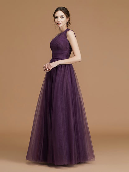 A-Line/Princess One-Shoulder Sleeveless Floor-Length Ruched Tulle Bridesmaid Dresses