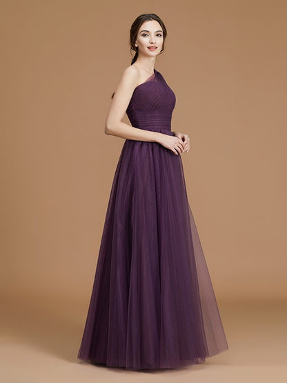 A-Line/Princess One-Shoulder Sleeveless Floor-Length Ruched Tulle Bridesmaid Dresses