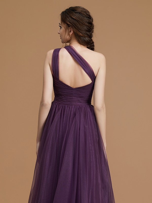 A-Line/Princess One-Shoulder Sleeveless Floor-Length Ruched Tulle Bridesmaid Dresses