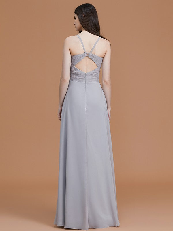 A-Line/Princess Spaghetti Straps Sleeveless Floor-Length Ruched Chiffon Bridesmaid Dresses