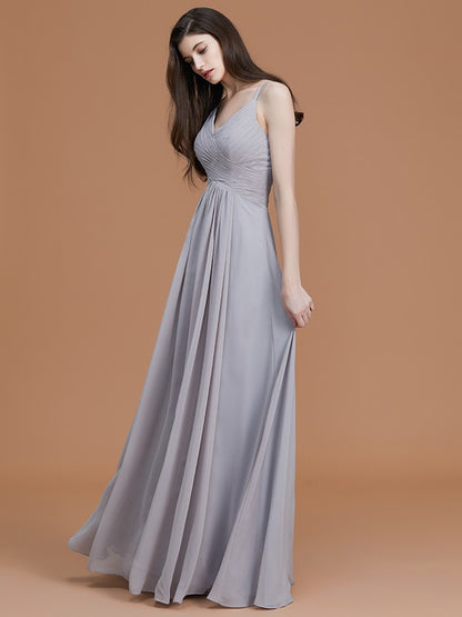 A-Line/Princess Spaghetti Straps Sleeveless Floor-Length Ruched Chiffon Bridesmaid Dresses