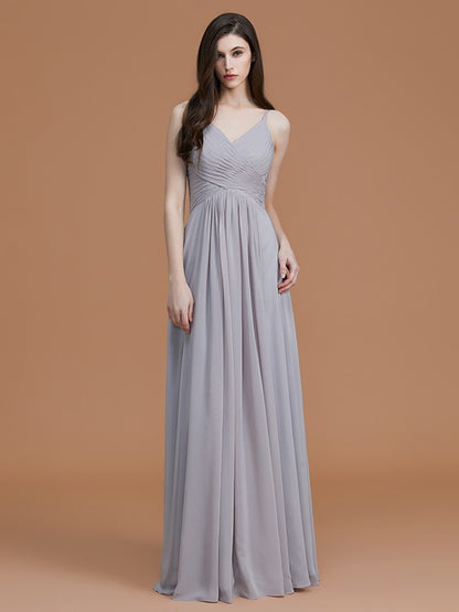 A-Line/Princess Spaghetti Straps Sleeveless Floor-Length Ruched Chiffon Bridesmaid Dresses