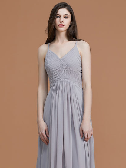 A-Line/Princess Spaghetti Straps Sleeveless Floor-Length Ruched Chiffon Bridesmaid Dresses