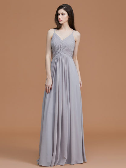 A-Line/Princess Spaghetti Straps Sleeveless Floor-Length Ruched Chiffon Bridesmaid Dresses