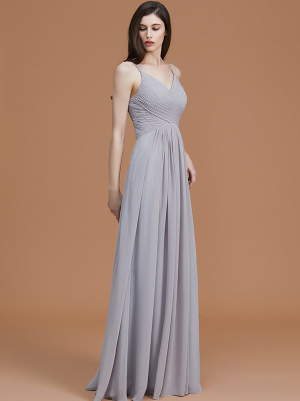 A-Line/Princess Spaghetti Straps Sleeveless Floor-Length Ruched Chiffon Bridesmaid Dresses