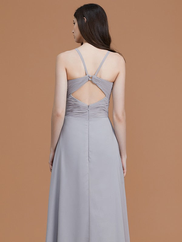 A-Line/Princess Spaghetti Straps Sleeveless Floor-Length Ruched Chiffon Bridesmaid Dresses