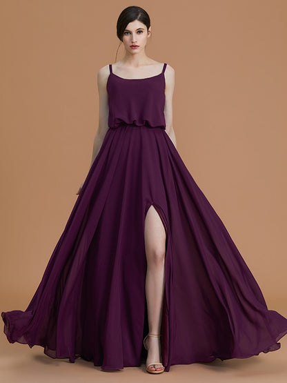 A-Line/Princess Spaghetti Straps Sleeveless Floor-Length Ruffles Chiffon Bridesmaid Dresses