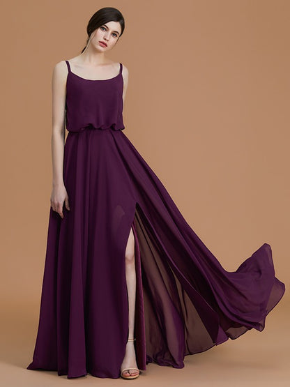 A-Line/Princess Spaghetti Straps Sleeveless Floor-Length Ruffles Chiffon Bridesmaid Dresses