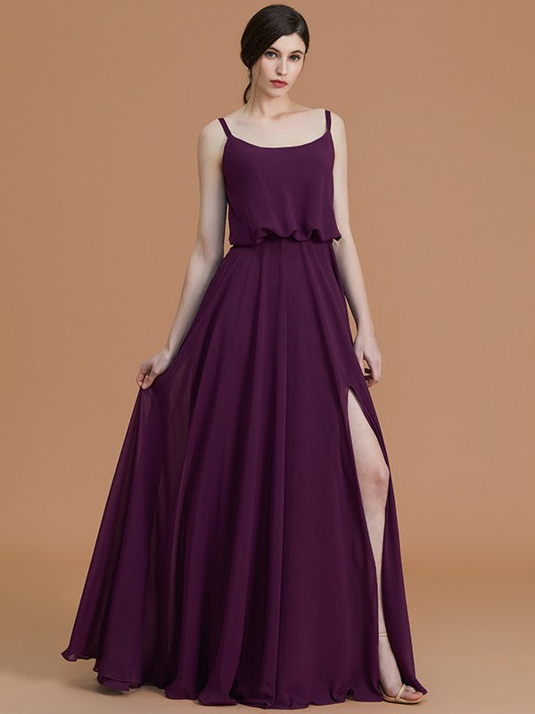 A-Line/Princess Spaghetti Straps Sleeveless Floor-Length Ruffles Chiffon Bridesmaid Dresses