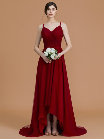 A-Line/Princess Spaghetti Straps Sleeveless Asymmetrical Ruffles Chiffon Bridesmaid Dresses