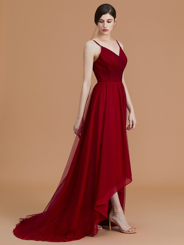 A-Line/Princess Spaghetti Straps Sleeveless Asymmetrical Ruffles Chiffon Bridesmaid Dresses