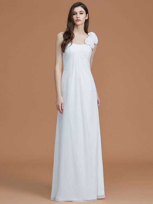 A-Line/Princess One-Shoulder Sleeveless Floor-Length Hand-Made Flower Chiffon Bridesmaid Dresses