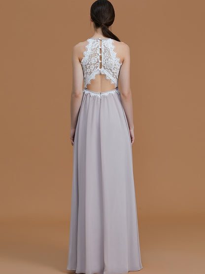 A-Line/Princess Halter Sleeveless Floor-Length Lace Chiffon Bridesmaid Dresses