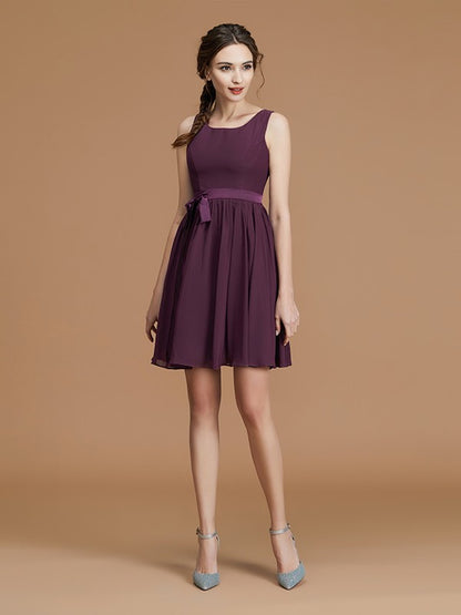 A-Line/Princess Bateau Sleeveless Short/Mini Sash/Ribbon/Belt Chiffon Bridesmaid Dresses