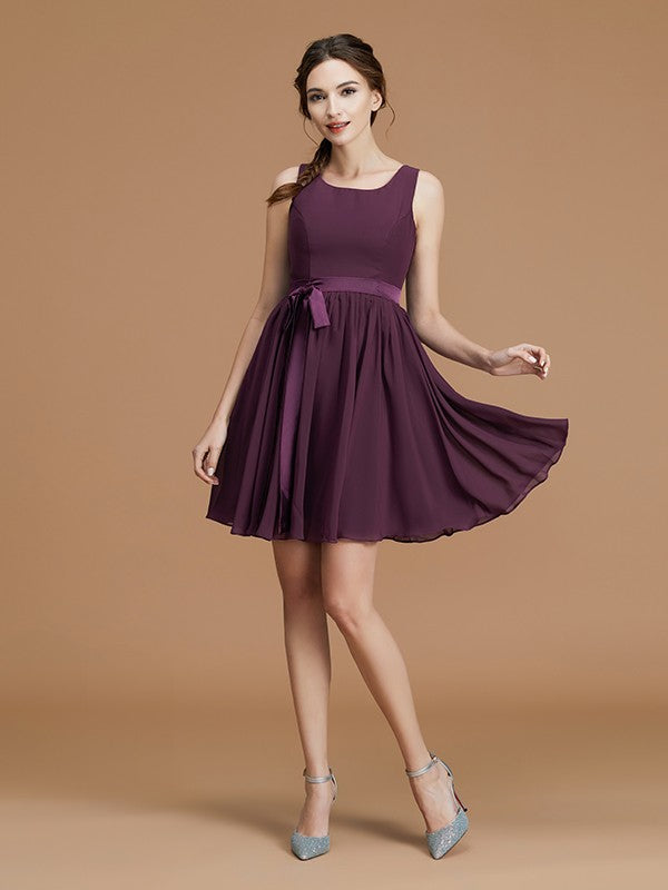 A-Line/Princess Bateau Sleeveless Short/Mini Sash/Ribbon/Belt Chiffon Bridesmaid Dresses