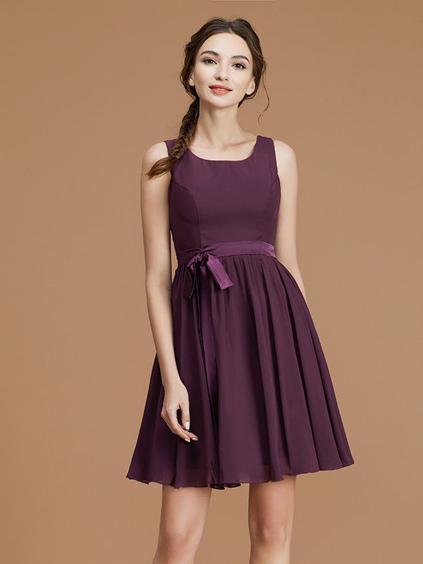 A-Line/Princess Bateau Sleeveless Short/Mini Sash/Ribbon/Belt Chiffon Bridesmaid Dresses