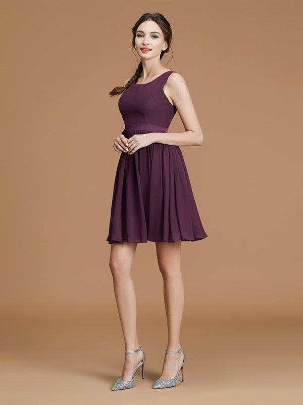 A-Line/Princess Bateau Sleeveless Short/Mini Sash/Ribbon/Belt Chiffon Bridesmaid Dresses