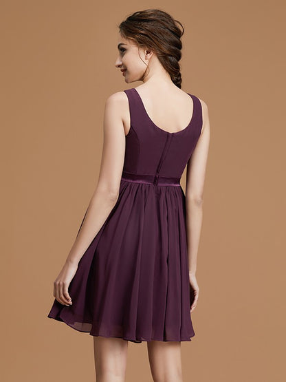 A-Line/Princess Bateau Sleeveless Short/Mini Sash/Ribbon/Belt Chiffon Bridesmaid Dresses