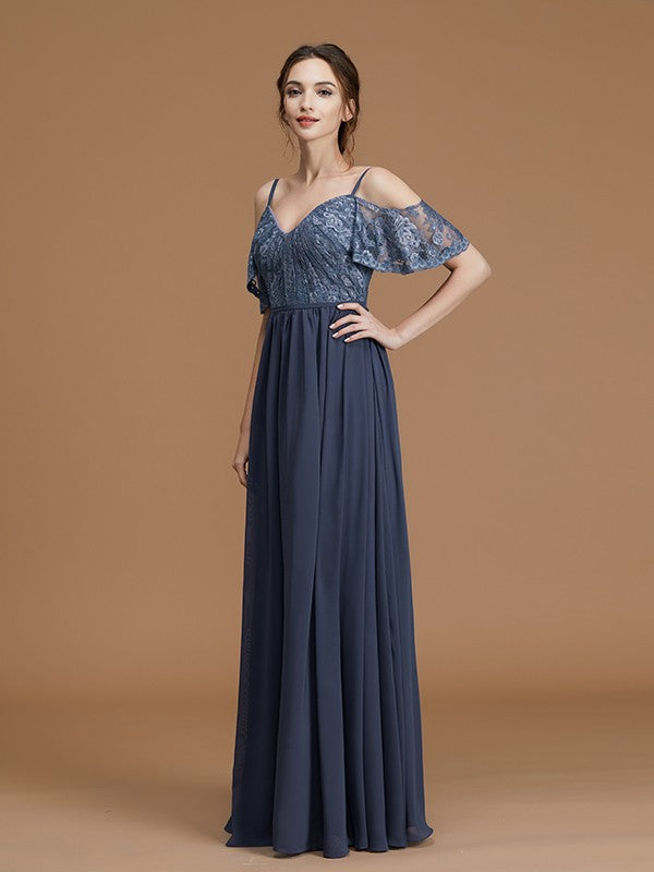 A-Line/Princess Spaghetti Straps Sleeveless Floor-Length Lace Chiffon Bridesmaid Dresses