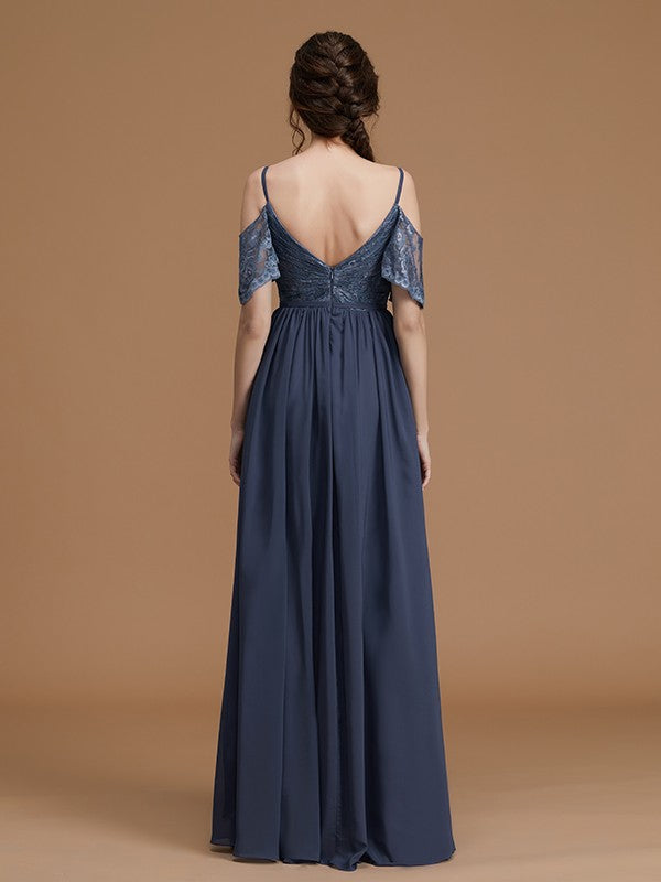 A-Line/Princess Spaghetti Straps Sleeveless Floor-Length Lace Chiffon Bridesmaid Dresses