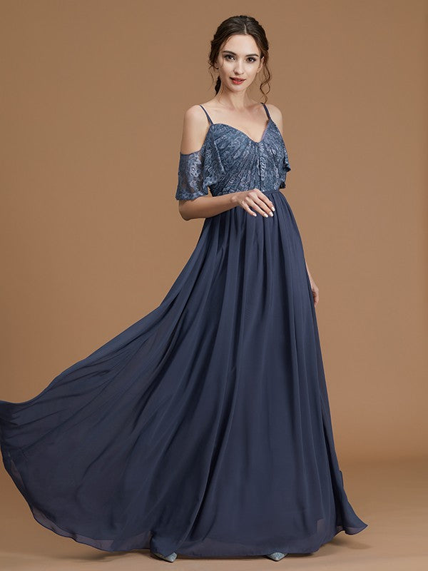 A-Line/Princess Spaghetti Straps Sleeveless Floor-Length Lace Chiffon Bridesmaid Dresses