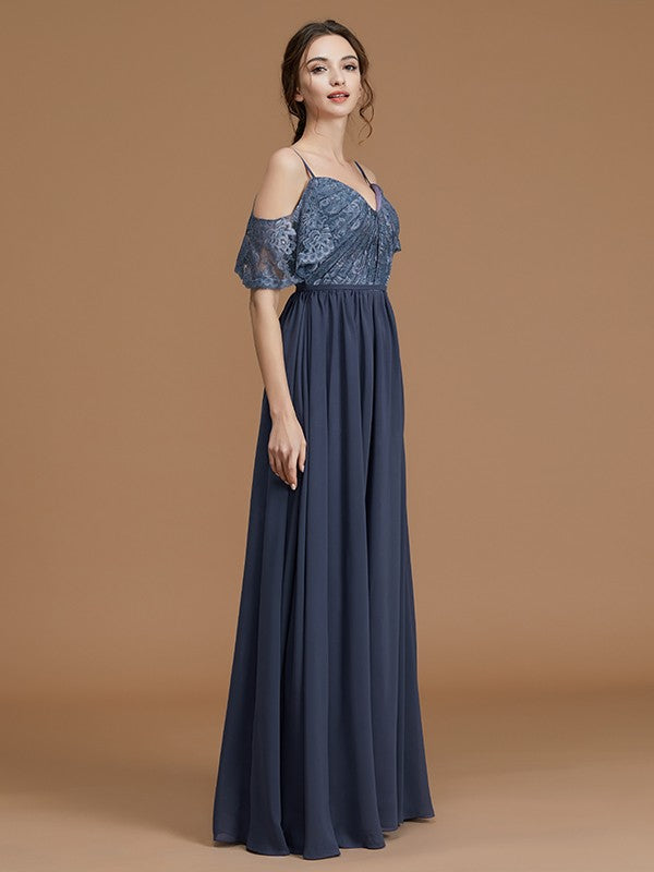 A-Line/Princess Spaghetti Straps Sleeveless Floor-Length Lace Chiffon Bridesmaid Dresses