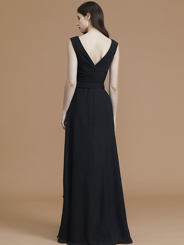 A-Line/Princess V-neck Sleeveless Floor-Length Sash/Ribbon/Belt Chiffon Bridesmaid Dresses